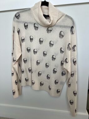 Skull Cashmere Cream Turtleneck Sweater with Gray Skull Motif